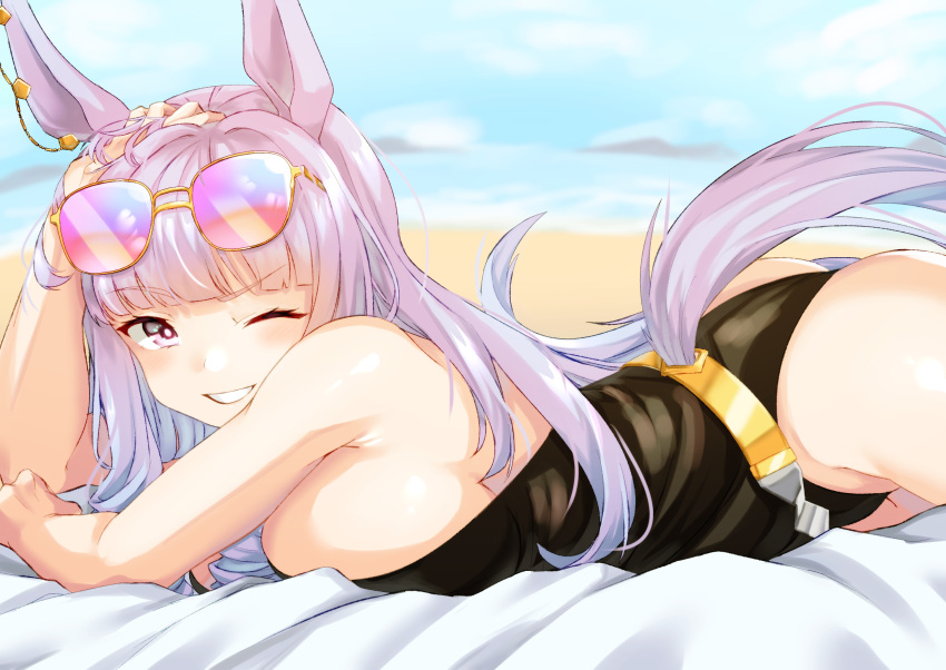 1girl animal_ears bare_shoulders black_one-piece_swimsuit blue_sky blush breasts cleavage commentary_request cowboy_shot eyewear_on_head gold_ship_(run_revolt_launcher)_(umamusume) gold_ship_(umamusume) hands_on_own_hips heart highres horse_ears horse_girl horse_tail large_breasts long_hair looking_at_viewer lying official_alternate_costume official_alternate_hairstyle on_stomach one-piece_swimsuit one_eye_closed outdoors purple_eyes sky smile solo sunglasses swimsuit tail tomoru_(tomanvil_3) umamusume