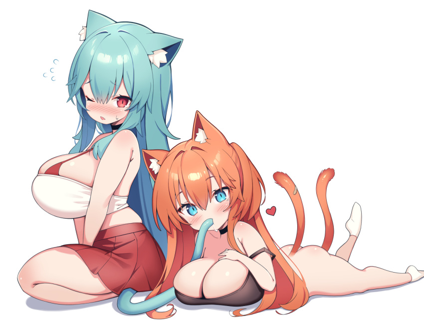 2girls animal_ear_fluff animal_ears aqua_hair blue_eyes breasts cat_ears cat_girl cat_tail cleavage commentary english_commentary hair_between_eyes huge_breasts kaptivate looking_at_viewer lying multiple_girls multiple_tails on_stomach one_eye_closed original red_eyes red_skirt simple_background skirt sucking_another's_tail tail white_background
