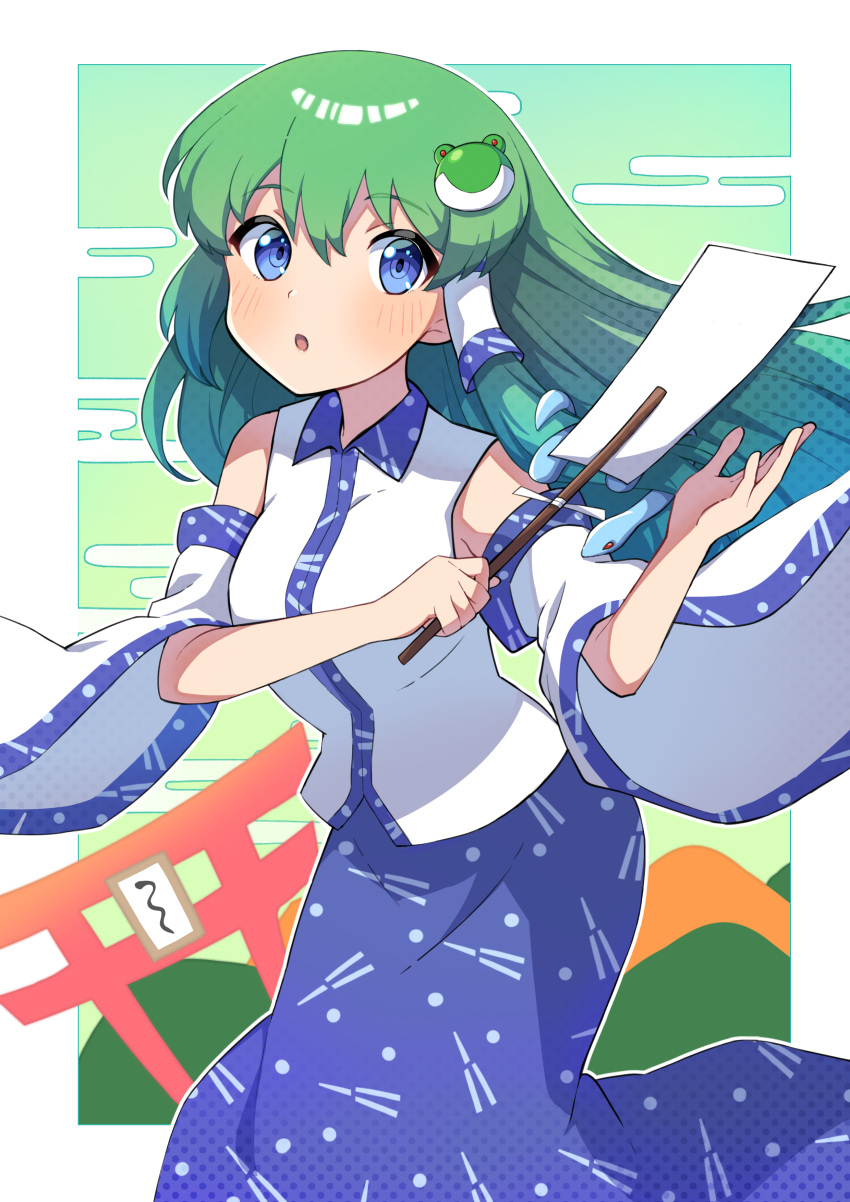 1girl :o absurdres bare_shoulders blue_eyes blue_skirt blush breasts detached_sleeves egasumi eyelashes feet_out_of_frame frog_hair_ornament gohei green_hair hair_ornament highres holding holding_gohei kochiya_sanae large_breasts long_hair long_skirt long_sleeves looking_at_viewer miz_(mizillustration) open_mouth outside_border print_skirt shirt sidelocks skirt sleeveless sleeveless_shirt snake_hair_ornament solo standing torii touhou wide_sleeves wing_collar