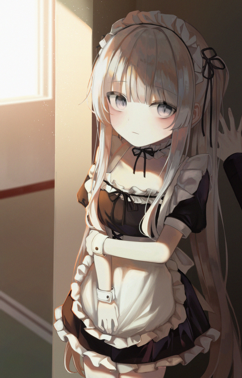 1girl 1other absurdres apron black_dress black_ribbon breasts closed_mouth commentary cowboy_shot dot_nose dress expressionless frilled_apron frilled_dress frills grey_hair hair_ribbon highres holding_own_arm indoors karou_(lhscck302) light_particles long_hair looking_at_viewer maid maid_apron maid_headdress original out_of_frame puffy_short_sleeves puffy_sleeves ribbon short_dress short_sleeves sidelocks small_breasts solo_focus standing sunlight very_long_hair white_apron window