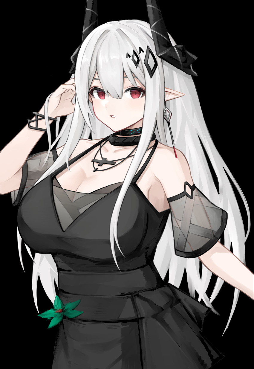 1girl absurdres arknights black_background black_dress breasts cleavage commentary_request cross cross_necklace dress flower highres horns infection_monitor_(arknights) jewelry large_breasts long_hair mudrock_(arknights) mudrock_(obsidian)_(arknights) necklace official_alternate_costume pointy_ears rain_(rain8649) red_eyes white_hair