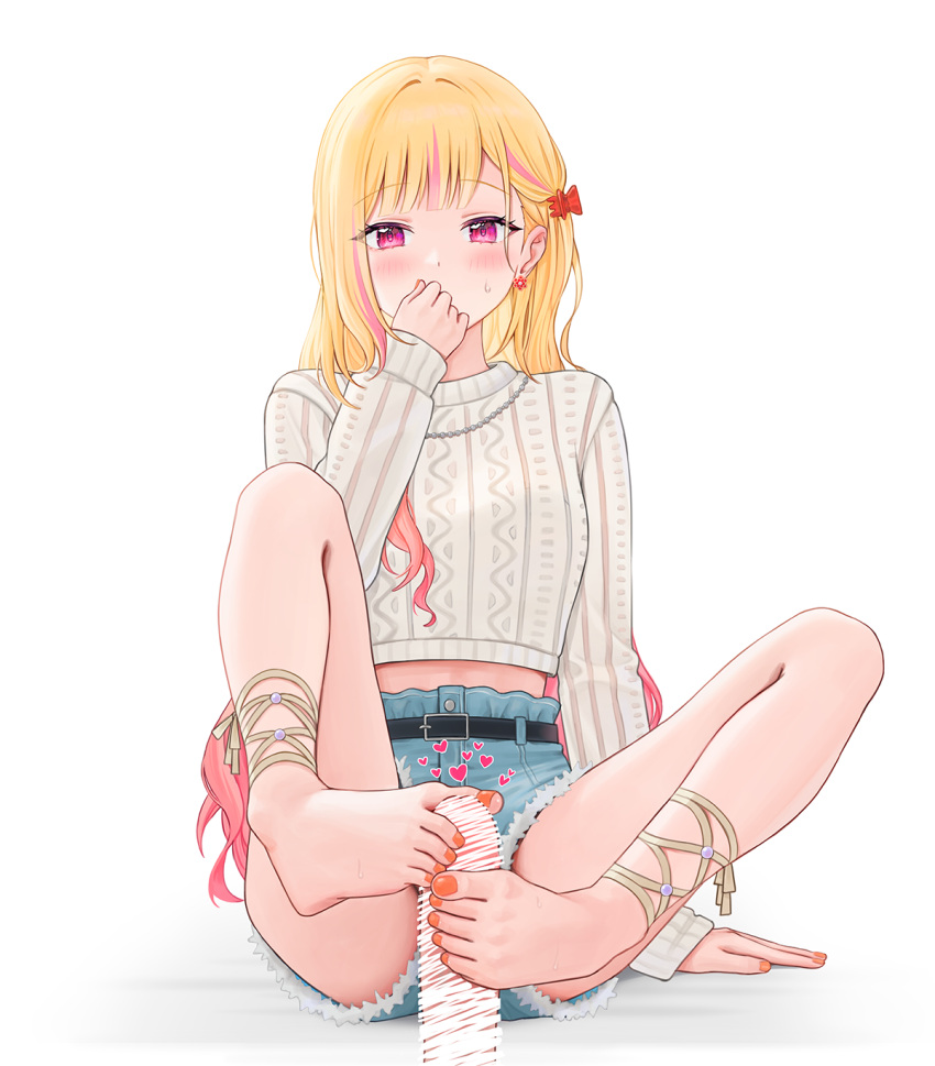 1girl 2_(tsvf3235) anklet barefoot belt belt_buckle blonde_hair blush buckle censored colorful_festival_(project_sekai) covering_own_mouth crop_top cropped_sweater denim denim_shorts feet footjob gradient_hair highres jewelry long_hair long_sleeves multicolored_hair nail_polish official_alternate_costume official_alternate_hair_length official_alternate_hairstyle pink_eyes pink_hair project_sekai shorts sweatdrop tenma_saki two-footed_footjob white_background