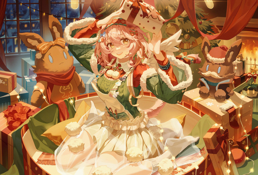 1girl :d apron arknights bow box christmas christmas_lights christmas_ornaments christmas_stocking christmas_tree commentary_request fire fireplace floppy_ears full_body fur-trimmed_sweater fur_trim gift gift_box gingerbread_man goldenglow_(arknights) goldenglow_(maiden_for_the_bright_night)_(arknights) green_sleeves green_sweater hairband highres holding holding_gift indoors infection_monitor_(arknights) long_sleeves looking_at_viewer medium_hair official_alternate_costume open_mouth pink_hair pom_pom_(clothes) print_hairband red_hairband red_scarf red_shirt sanmu scarf see-through see-through_skirt shirt sitting skirt smile socks solo stuffed_animal stuffed_rabbit stuffed_toy sweater tail tail_bow tail_ornament white_apron white_skirt white_socks yellow_eyes yokozuwari