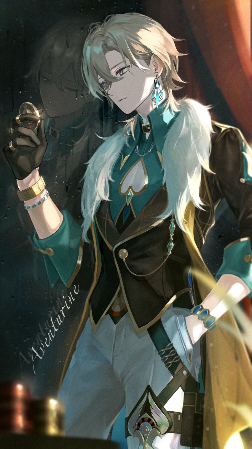 1boy absurdres anna_(drw01) aqua_shirt aventurine_(honkai:_star_rail) black_gloves blonde_hair bracelet closed_eyes closed_mouth clothing_cutout coin collared_shirt curtains earrings fur_trim gloves hair_between_eyes hand_in_pocket highres holding holding_coin honkai:_star_rail honkai_(series) jewelry male_focus multicolored_eyes reflection shirt short_hair solo two-tone_eyes