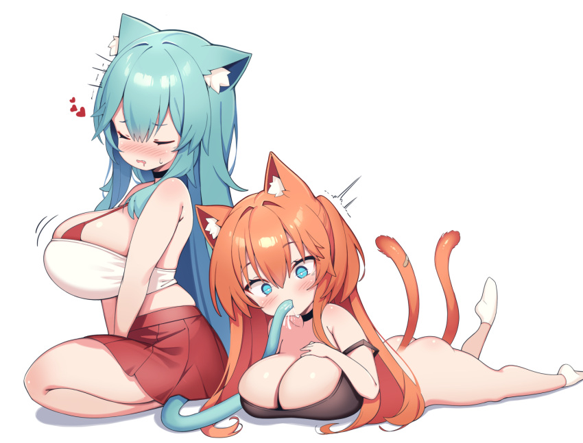 2girls ^^^ animal_ear_fluff animal_ears aqua_hair blue_eyes breasts cat_ears cat_girl cat_tail cleavage closed_eyes commentary english_commentary hair_between_eyes heart huge_breasts kaptivate looking_at_viewer lying multiple_girls multiple_tails on_stomach original red_skirt simple_background skirt sucking_another's_tail tail white_background