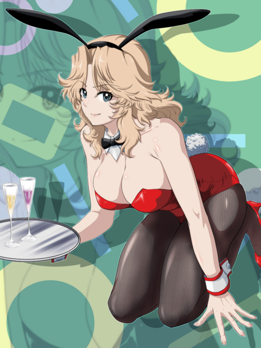 1girl animal_ears black_bow black_bowtie black_pantyhose blonde_hair blue_eyes bow bowtie breasts champagne_flute closed_mouth commentary_request cup detached_collar drinking_glass fake_animal_ears fake_tail fishnet_pantyhose fishnets girls_und_panzer hair_intakes high_heels highres holding holding_tray kay_(girls_und_panzer) kneeling large_breasts leaning_forward leotard looking_at_viewer medium_hair pantyhose partial_commentary playboy_bunny rabbit_ears rabbit_tail red_footwear red_leotard smile solo strapless strapless_leotard tail tray wing_collar wrist_cuffs yoyokkun zoom_layer