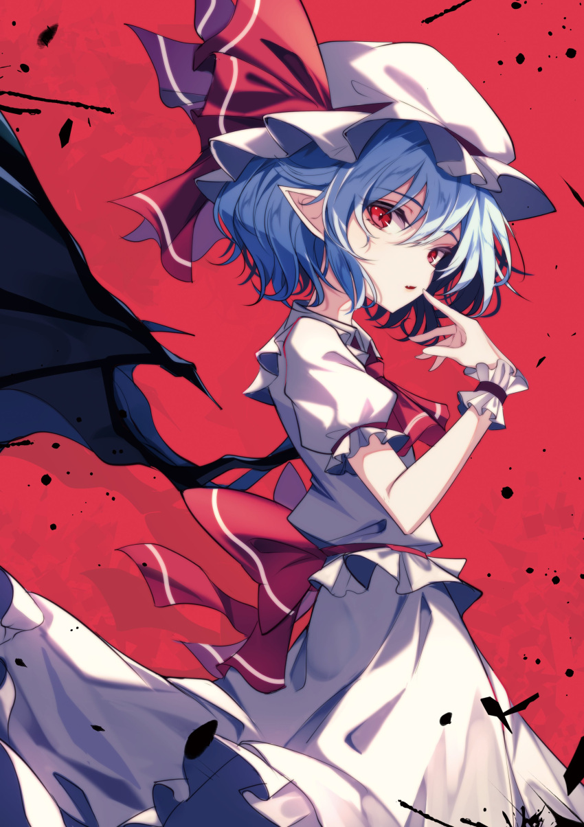 1girl absurdres ascot bat_wings dress feet_out_of_frame grey_hair hat highres looking_at_viewer mob_cap pink_dress pointy_ears red_ascot red_background red_eyes remilia_scarlet short_hair short_sleeves solo touhou upper_body vampire wings wrist_cuffs yamanakaume