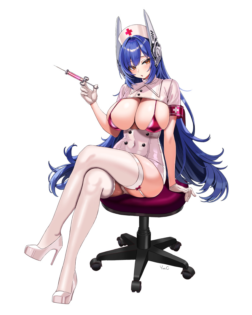 1girl absurdres alternate_costume armband bikini bikini_top_only blue_hair blush breasts breasts_out chair commission crossed_legs english_commentary girls'_frontline hat headgear high_heels highres holding holding_syringe large_breasts long_hair looking_at_viewer nurse nurse_cap office_chair open_mouth orange_eyes red_armband red_bikini short_sleeves sitting solo swimsuit swivel_chair syringe tar-21_(girls'_frontline) thighhighs thighs very_long_hair white_footwear white_thighhighs yan.c