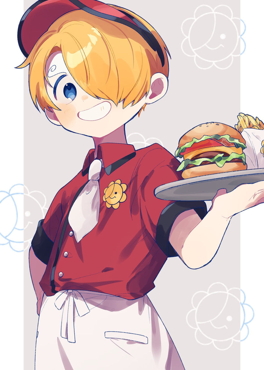 1boy aged_down apron blonde_hair blue_eyes burger collared_shirt commentary curly_eyebrows fast_food food french_fries from_below hair_over_one_eye highres holding holding_plate long_bangs looking_at_viewer male_focus natori_(natori_10) necktie one_piece plate red_shirt sanji_(one_piece) shirt short_hair short_sleeves simple_background smile symbol-only_commentary uniform upper_body waist_apron white_apron white_necktie