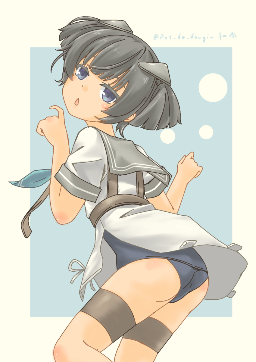 1girl :o absurdres aqua_neckerchief ass blue_background blue_eyes blue_one-piece_swimsuit gloves grey_hair grey_sailor_collar headgear highres i-36_(kancolle) kantai_collection looking_at_viewer looking_back neckerchief one-piece_swimsuit pot-de sailor_collar sailor_shirt school_swimsuit shirt short_hair short_sleeves signature solo swimsuit swimsuit_under_clothes twintails twitter_username two-tone_background white_background