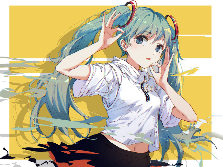 1girl arm_up bangs black_skirt blue_eyes commentary double_ok_sign drop_shadow green_hair hair_between_eyes hand_up hatsune_miku highres long_hair midriff_peek navel orange_background parted_lips shirt short_sleeves skirt solo symbol-only_commentary twintails two-tone_background very_long_hair vocaloid white_background white_shirt yue_yue