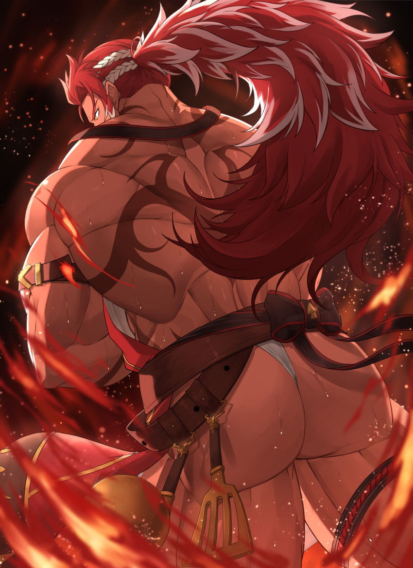 1boy alternate_costume apron armband ass back_tattoo bara bellsaltr belt black_background crossed_arms feet_out_of_frame fire fundoshi granblue_fantasy highres huge_ass japanese_clothes leather leather_belt light_particles long_hair male_focus manly mature_male multicolored_hair muscular muscular_male official_alternate_costume ponytail red_hair simple_background solo spatula spiked_hair spoon tan tattoo thick_arms thick_thighs thighs white_hair wilnas_(apron_of_ardor)_(granblue_fantasy) wilnas_(granblue_fantasy) yellow_eyes