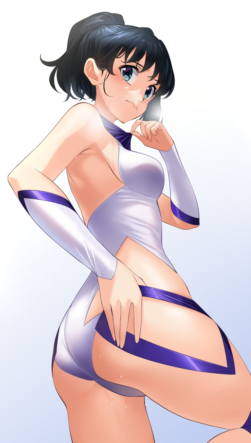 1girl absurdres adjusting_clothes aqua_eyes ass backless_leotard black_hair breasts detached_sleeves from_below highres hip_vent kohinata_miku leotard looking_at_viewer medium_breasts medium_hair nyanmaru ponytail revealing_clothes senki_zesshou_symphogear solo sweat white_leotard