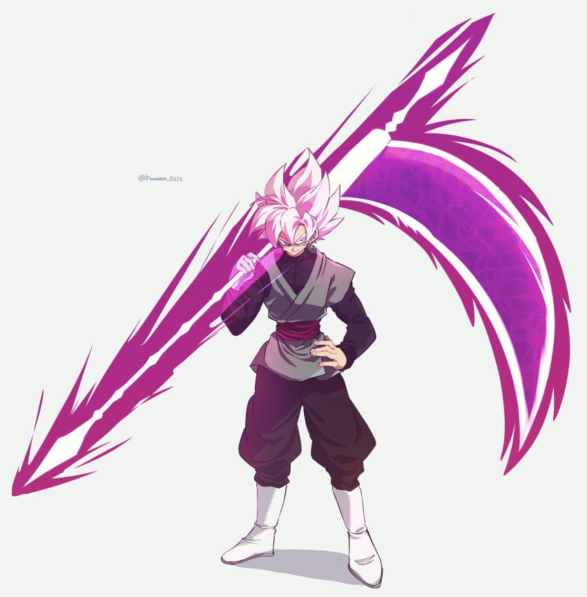 1boy black_pants black_shirt boots dragon_ball dragon_ball_super earrings energy_blade goku_black grey_tunic hand_on_own_hip highres holding holding_scythe holding_weapon jewelry komesan_0212 long_sleeves looking_to_the_side medium_hair over_shoulder pants pink_hair potara_earrings purple_eyes scythe shirt simple_background single_earring solo super_saiyan super_saiyan_rose twitter_username weapon weapon_over_shoulder white_footwear