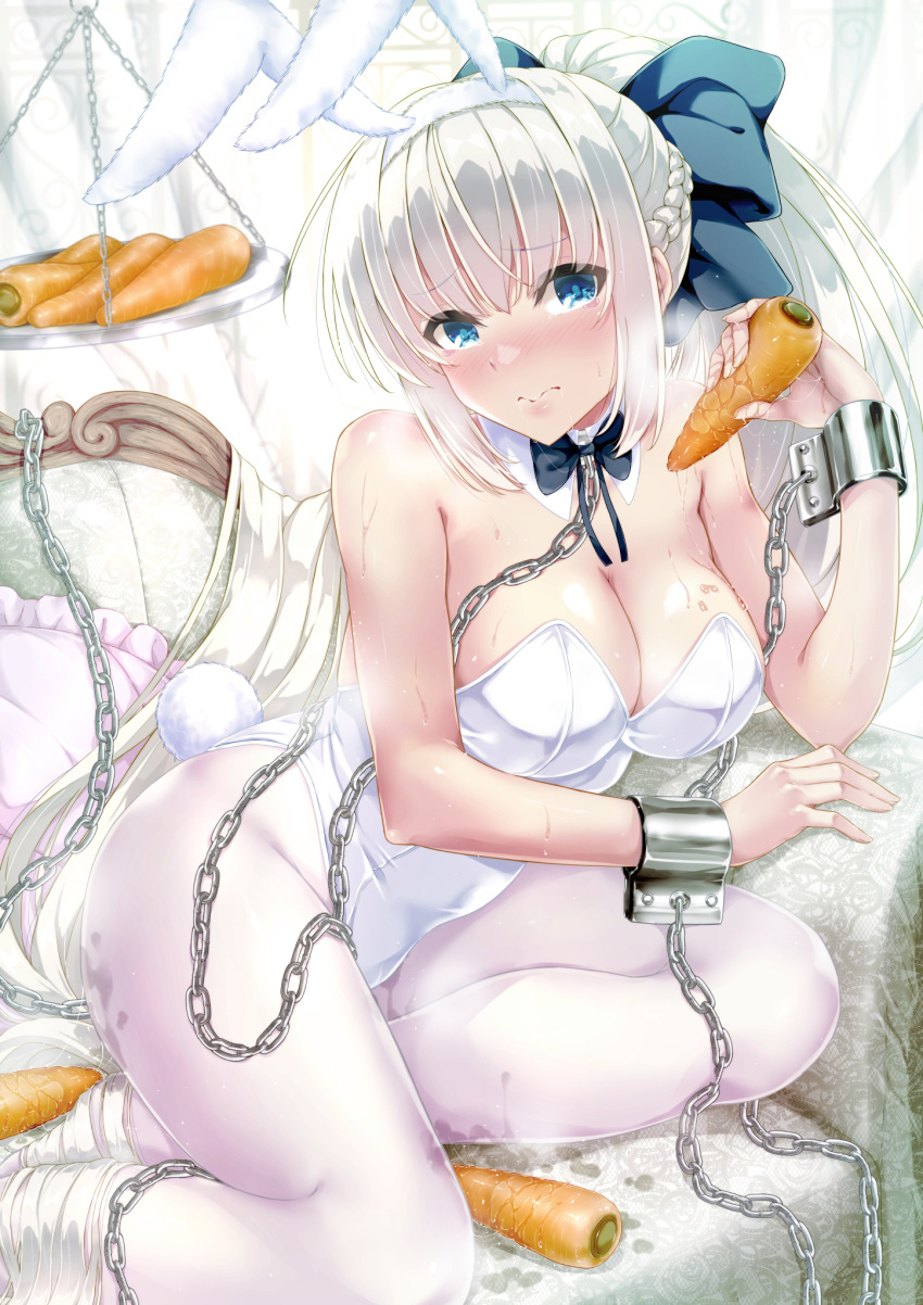 1girl animal_ears blue_eyes bow bowtie breasts carrot chain chain_leash chained couch detached_collar fate/grand_order fate_(series) highres large_breasts leash long_hair morgan_le_fay_(fate) on_couch pantyhose playboy_bunny ponytail rabbit_ears rabbit_tail suggestive_fluid tail toenketsu very_long_hair white_hair