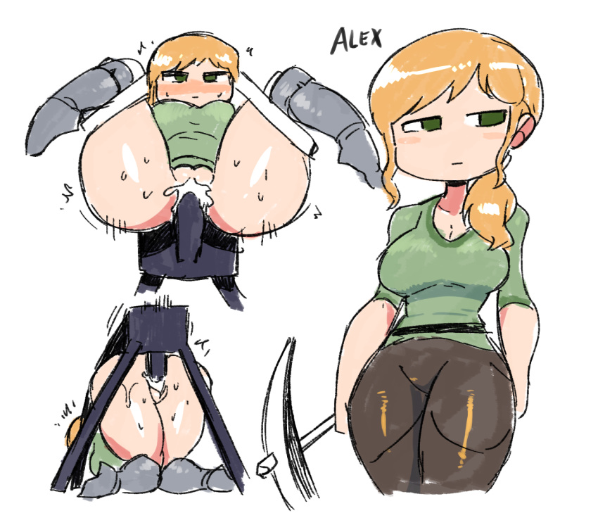 1boy 1girl alex_(minecraft) ass blush blush_stickers breasts brown_pants closed_mouth enderman expressionless folded full_nelson green_eyes green_shirt hetero highres large_breasts minecraft multiple_views orange_hair pants penis pickaxe pussy rariatto_(ganguri) reverse_suspended_congress sex sex_from_behind shirt sketch sweat thighs vaginal