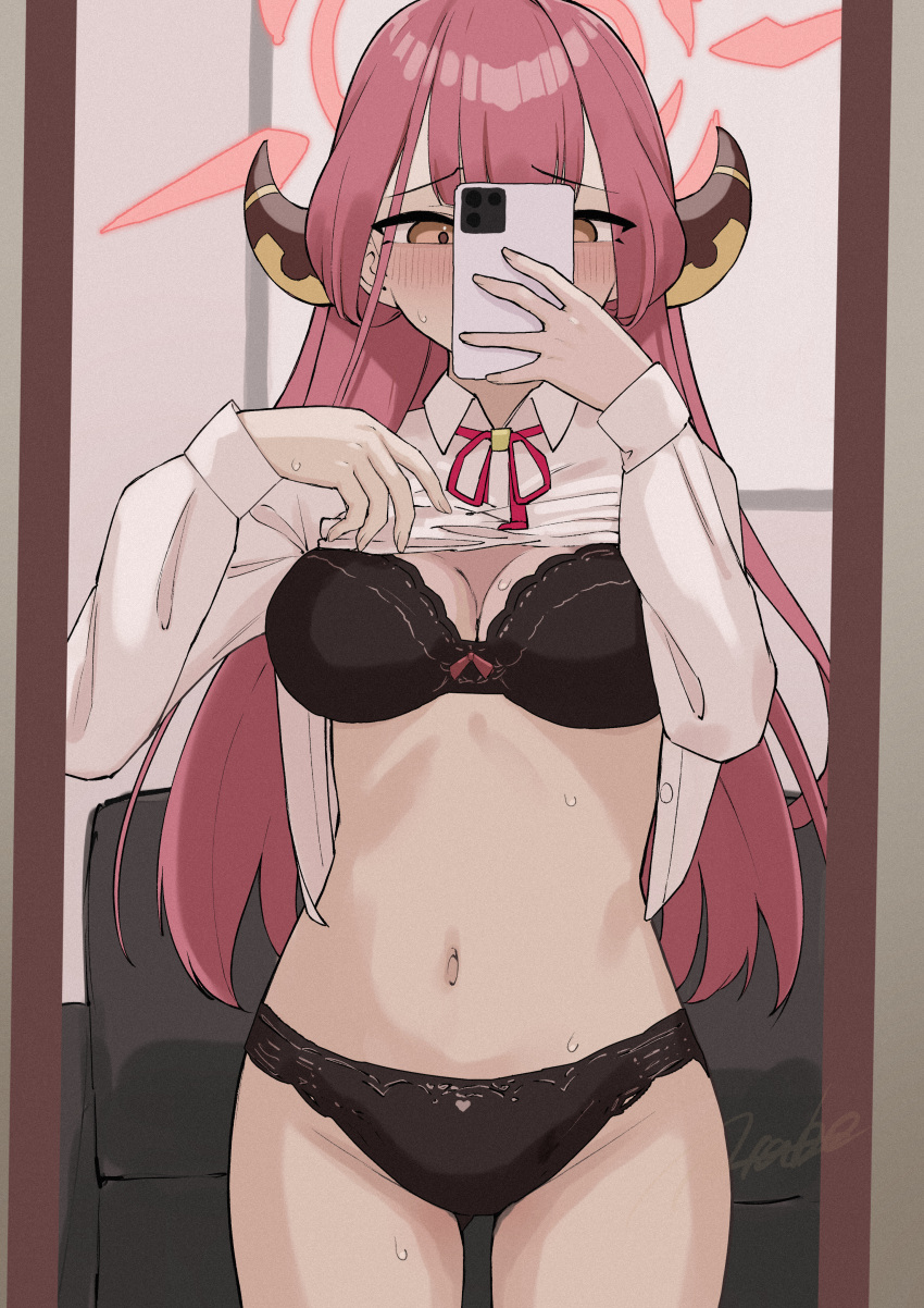 1girl absurdres aru_(blue_archive) blue_archive blush bra breasts brown_eyes cellphone clothes_lift collared_shirt covering_own_mouth halo highres holding holding_phone horns large_breasts long_hair long_sleeves masami_atabe mirror navel neck_ribbon panties phone pink_hair ribbon selfie shirt shirt_lift smartphone solo sweat underwear very_long_hair