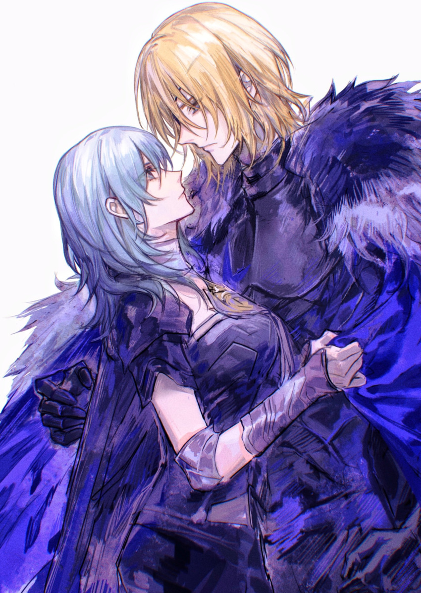 1boy 1girl absurdres armor black_armor black_gloves blonde_hair blue_cape blue_hair byleth_(female)_(fire_emblem) byleth_(fire_emblem) cape chinese_commentary clothes_grab commentary_request couple detached_collar dimitri_alexandre_blaiddyd elbow_pads fire_emblem fire_emblem:_three_houses from_side fur-trimmed_cape fur_trim gloves hair_down hand_up hetero high_collar highres imminent_hug light_frown long_hair looking_at_another looking_down looking_up medium_hair naoki_(2rzmcaizerails6) shoulder_pads upper_body vambraces white_background