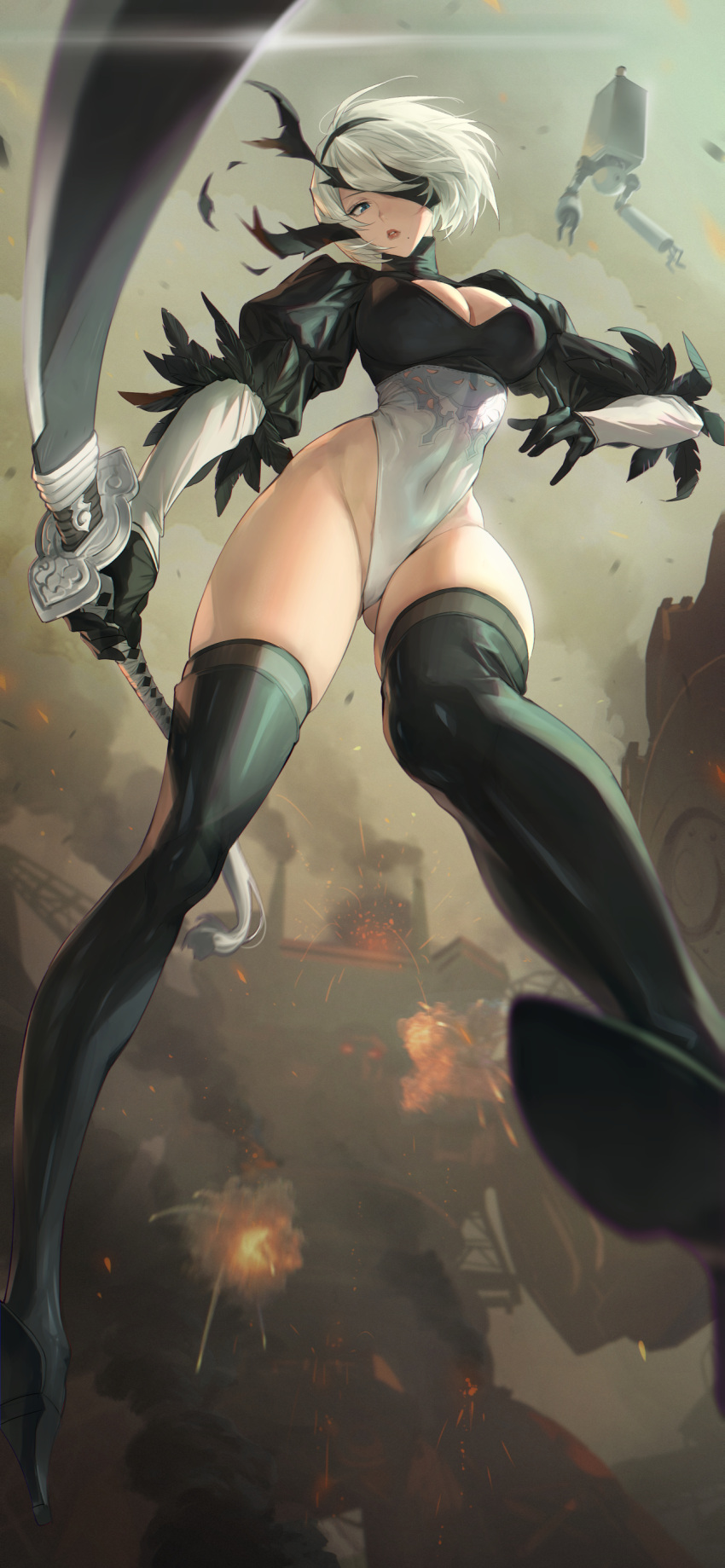 1girl absurdres black_gloves black_hairband black_thighhighs blue_eyes blurry boots breasts cleavage cleavage_cutout clothing_cutout covered_navel depth_of_field explosion feather-trimmed_sleeves floating_hair full_body glint gloves grey_sky hairband high_heel_boots high_heels highleg highleg_leotard highres holding holding_sword holding_weapon juliet_sleeves large_breasts leotard lips long_sleeves looking_at_viewer mhk_(mechamania) mole mole_under_mouth nier_(series) nier_automata outdoors parted_lips pod_(nier_automata) puffy_sleeves rubble short_hair sky smoke solo_focus sword thigh_boots thighhighs thighs torn_blindfold weapon white_hair yorha_no._2_type_b
