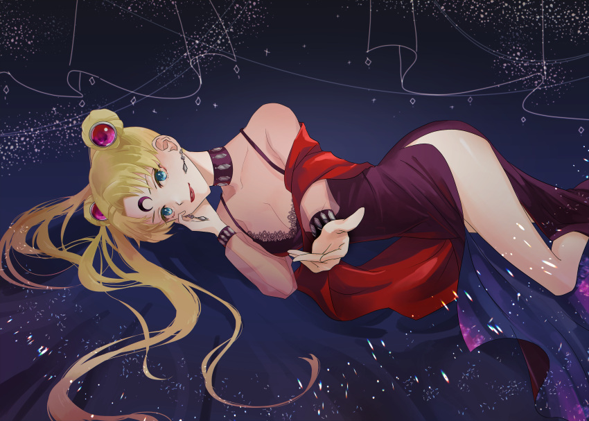 1girl absurdres bangs bishoujo_senshi_sailor_moon black_dress black_lady black_lady_(cosplay) blonde_hair blue_eyes breasts cleavage collarbone commission corruption cosplay crescent crescent_facial_mark dark_persona double_bun dress earrings facial_mark forehead_mark hair_bun highres jewelry long_dress long_hair long_sleeves lying on_back parted_bangs red_lips red_scarf scarf see-through side_slit skeb_commission smile solo thighs tsukino_usagi very_long_hair vuipui