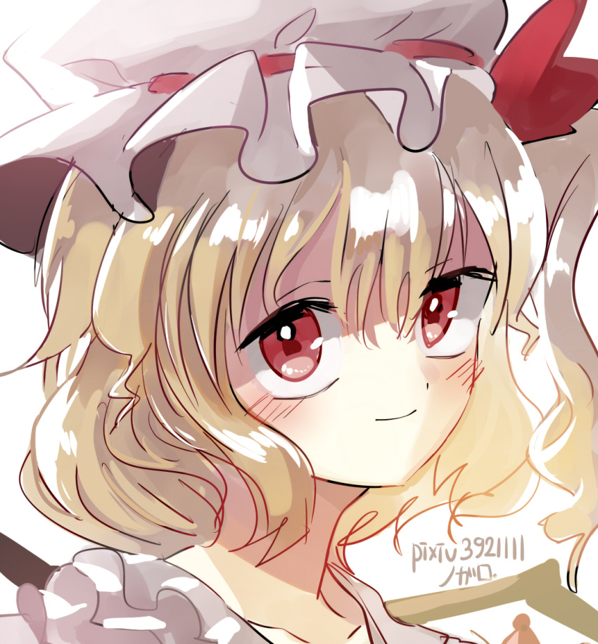 1girl blonde_hair closed_mouth flandre_scarlet frilled_shirt_collar frills hat hat_ribbon highres ichirugi light_smile looking_at_viewer medium_hair mob_cap one_side_up pixiv_id portrait red_eyes red_ribbon ribbon ribbon-trimmed_headwear ribbon_trim solo touhou white_hat wings