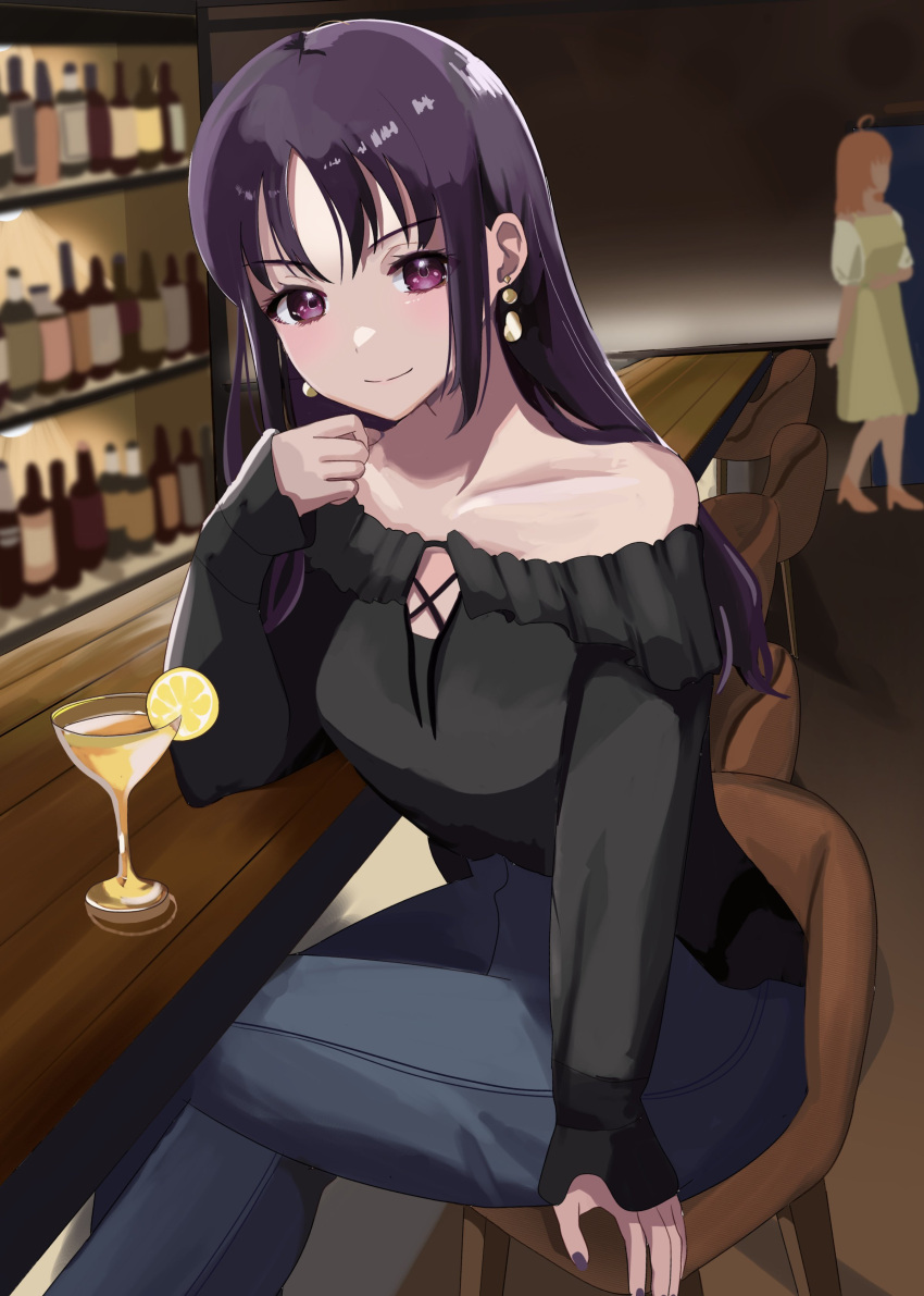 1girl absurdres aged_up bar_(place) black_shirt bottle cocktail_glass commentary_request cup drink drinking_glass earrings food fruit highres indoors jewelry kazuno_sarah lemon long_hair long_sleeves looking_at_viewer love_live! love_live!_sunshine!! nail_polish pants purple_hair red_eyes shirt sitting smile sumireneko1231