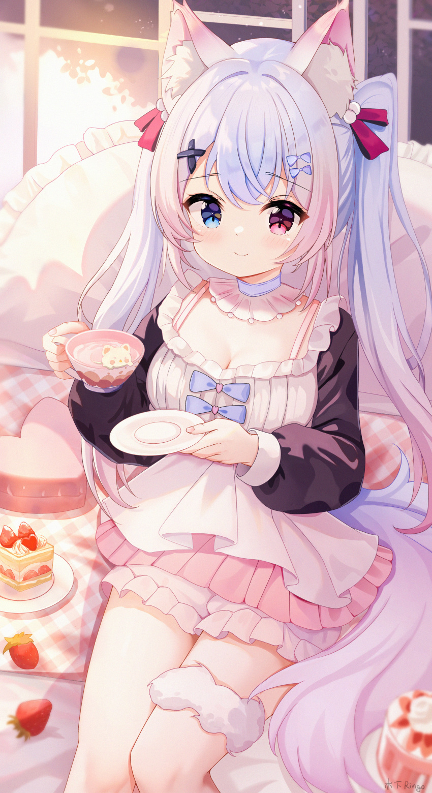 1girl absurdres animal_ears black_sleeves blue_bow blue_bowtie blue_eyes blue_hair bow bowtie breasts cake closed_mouth cup dress food fox_ears fox_girl fox_tail fruit hair_over_shoulder hairband headband heart-shaped_cake heterochromia highres holding holding_cup holding_saucer kinoshita_ringo_(ryve5758) lolita_hairband long_hair long_sleeves looking_to_the_side makeup neck_snap original pillow red_eyes rouge_(makeup) saucer sitting smile strawberry strawberry_shortcake sunlight tail twintails very_long_hair white_dress window