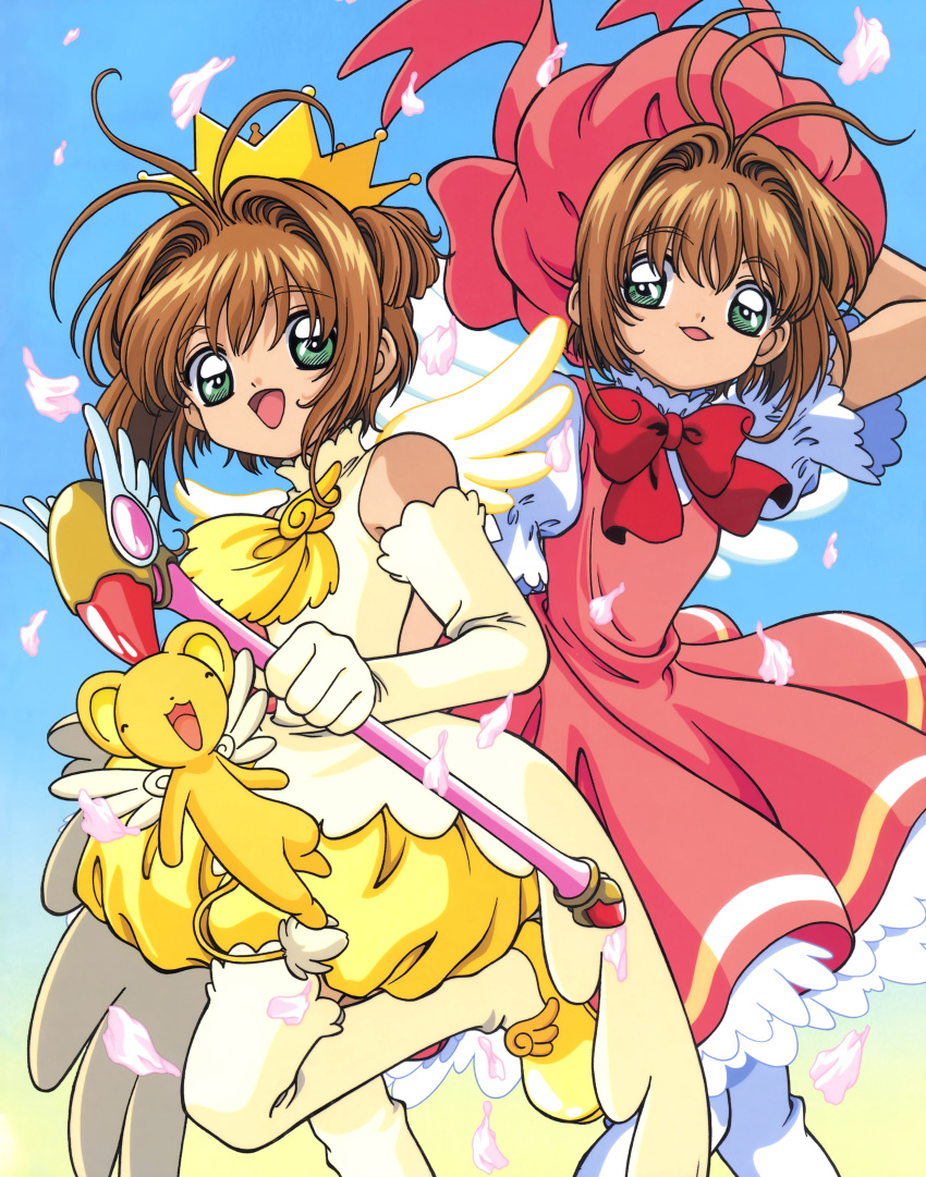 absurdres bow brown_hair cardcaptor_sakura child colored_skin dress dual_persona green_eyes highres holding holding_wand kero_(cardcaptor_sakura) kinomoto_sakura magical_girl official_art pink_dress red_bow scan short_hair tail wand wings yellow_footwear yellow_skin