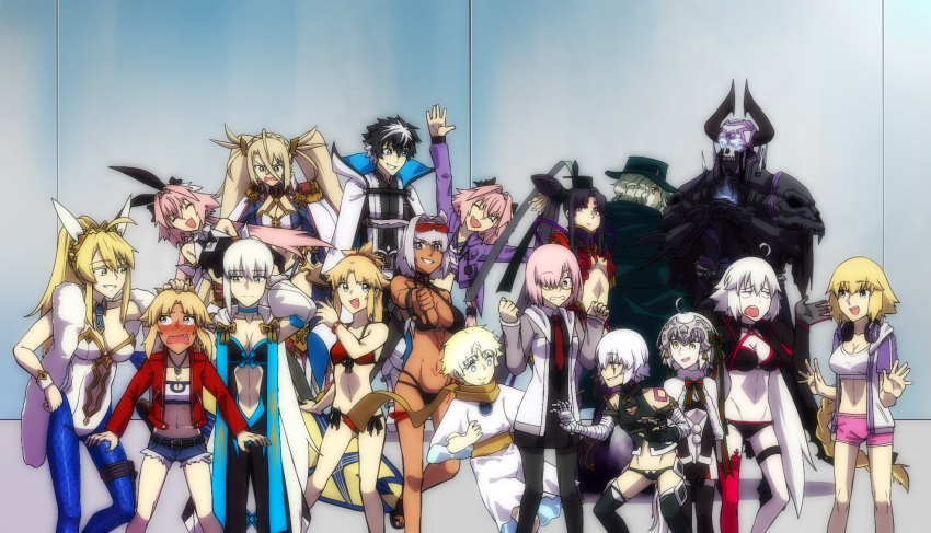 6+boys 6+girls animal_ears artoria_pendragon_(fate) artoria_pendragon_(swimsuit_ruler)_(fate) astolfo_(fate) astolfo_(memories_at_trifas)_(fate) astolfo_(saber)_(fate) bandages belt black_belt black_hair blonde_hair blue_eyes blue_fire blush bra bradamante_(fate) bradamante_(third_ascension)_(fate) breasts caenis_(swimsuit_rider)_(first_ascension)_(fate) cape charlemagne_(fate) closed_eyes dark_skin edmond_dantes_(fate) fang fate/grand_order fate_(series) fire glasses green_cape green_eyes green_hat hat headpat headphones headpiece highres holding holding_sword holding_weapon hood hoodie horns jack_the_ripper_(fate/apocrypha) jacket jeanne_d'arc_(fate) jeanne_d'arc_alter_(fate) jeanne_d'arc_alter_(swimsuit_berserker)_(fate) jeanne_d'arc_alter_santa_lily_(fate) king_hassan_(fate) large_breasts lazyartlazy12 mash_kyrielight medium_breasts mordred_(fate) mordred_(memories_at_trifas)_(fate) mordred_(swimsuit_rider)_(first_ascension)_(fate) morgan_le_fay_(fate) multicolored_hair multiple_boys multiple_girls open_clothes open_mouth pink_hair pink_shorts playboy_bunny ponytail purple_eyes purple_jacket rabbit_ears scarf shirt shorts small_breasts swimsuit sword taira_no_kagekiyo_(fate) tank_top thumbs_down twintails underwear ushiwakamaru_(fate) voyager_(fate) weapon white_cape white_hair white_hoodie white_shirt yellow_eyes