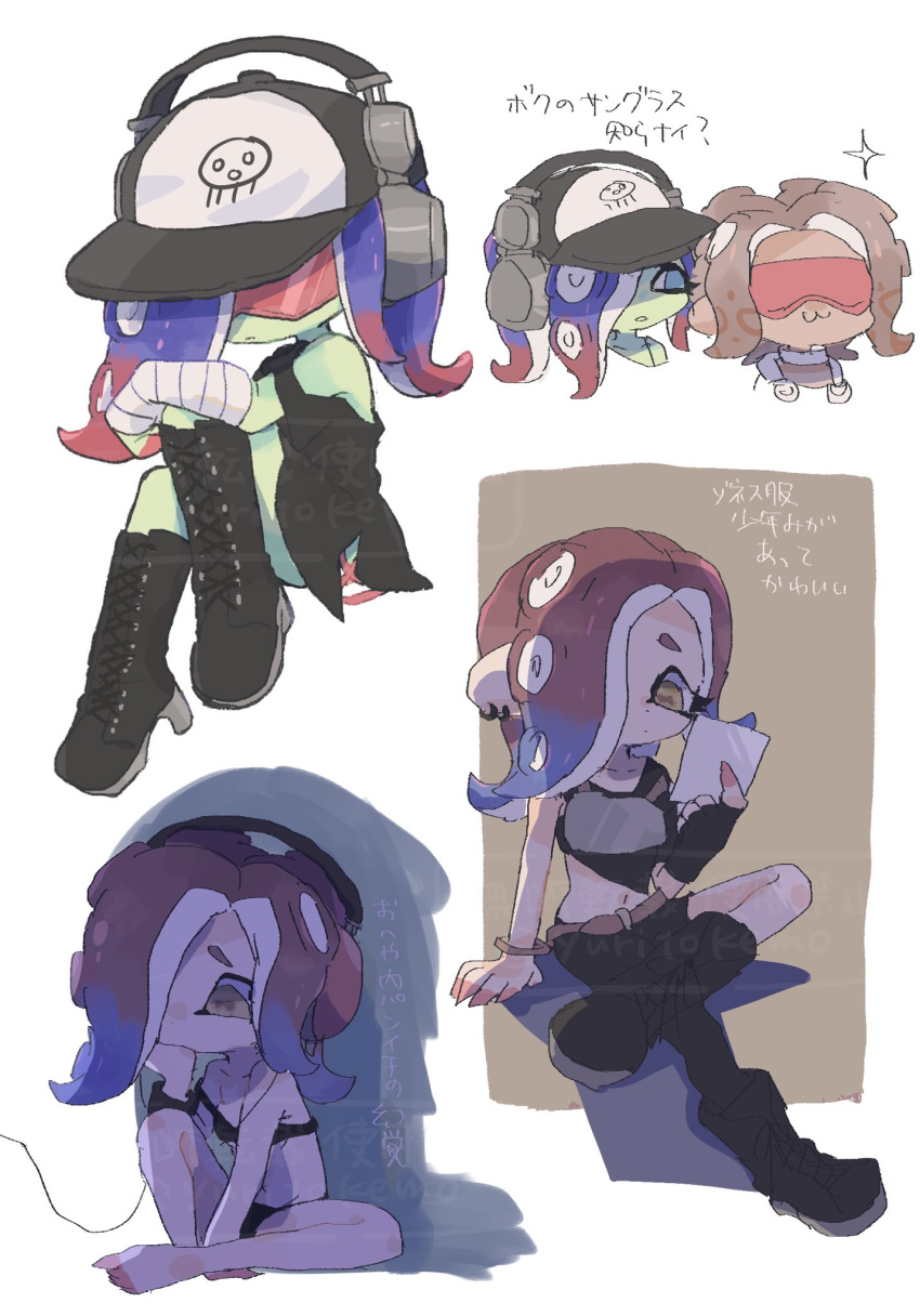 2girls :3 agent_8_(splatoon) bandaged_arm bandages barefoot baseball_cap black_dress black_footwear blue_hair boots brown_hair cephalopod_eyes colored_skin colored_tips commentary_request cross-laced_footwear cross-laced_slit dark-skinned_female dark_skin dedf1sh dress green_skin hair_over_one_eye hat headphones headphones_over_headwear highres long_hair multicolored_hair multiple_girls multiple_views octoling octoling_girl octoling_player_character print_headwear red-tinted_eyewear red_hair sanitized_(splatoon) simple_background sitting sparkle splatoon_(series) splatoon_3 splatoon_3:_side_order sunglasses tinted_eyewear translation_request two-tone_hair underwear white_background yellow_eyes yellow_pupils yuritokemo