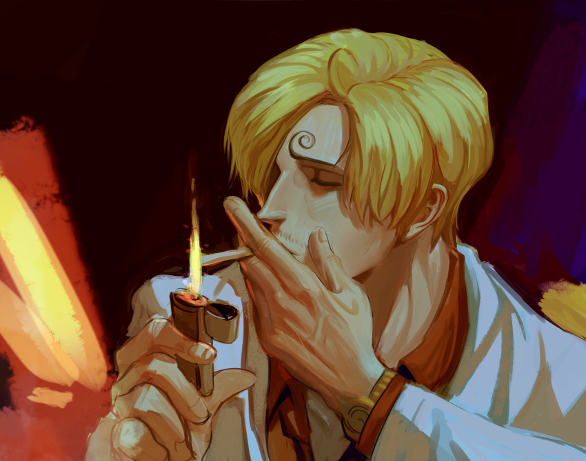 1boy absurdres blonde_hair cigarette closed_eyes curly_eyebrows facial_hair fire formal hair_over_one_eye highres holding holding_cigarette holding_lighter jacket lighter lighting_cigarette long_sleeves one_piece red_shirt rita_ya sanji_(one_piece) shirt short_hair watch white_jacket wristwatch