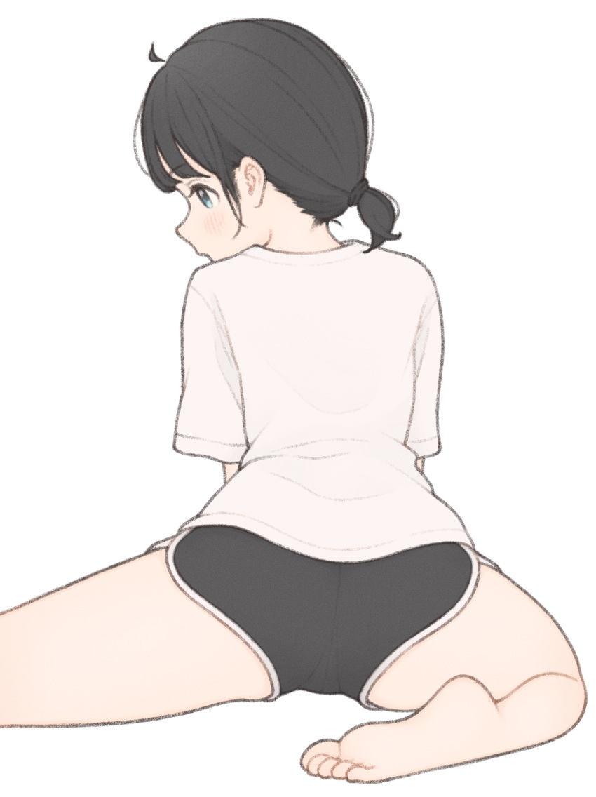 1girl 1ssakawaguchi absurdres ahoge ass bare_legs barefoot black_hair black_shorts dolphin_shorts from_behind grey_eyes highres ichika_(1ssakawaguchi) light_blush looking_to_the_side original shirt short_ponytail short_sleeves shorts simple_background sitting solo thighs toes white_background white_shirt