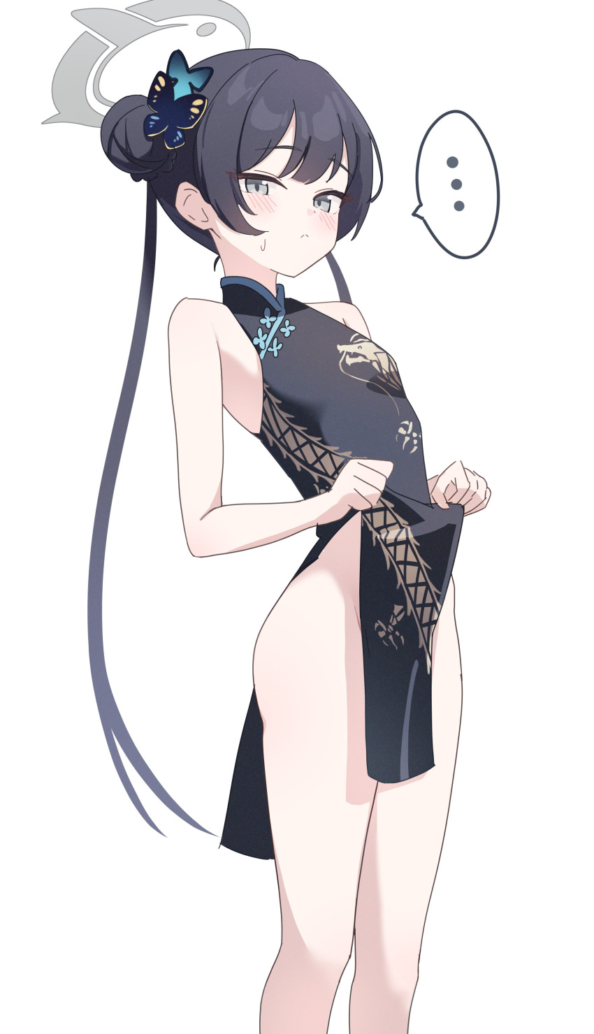 ... 1girl absurdres bare_shoulders black_dress black_hair blue_archive blush breasts butterfly_hair_ornament china_dress chinese_clothes closed_mouth clothes_lift commentary dragon_print dress dress_lift grey_eyes grey_halo hair_bun hair_ornament halo highres kisaki_(blue_archive) lifted_by_self long_hair looking_at_viewer nonddu pelvic_curtain print_dress simple_background sleeveless sleeveless_dress small_breasts solo sweatdrop symbol-only_commentary twintails white_background