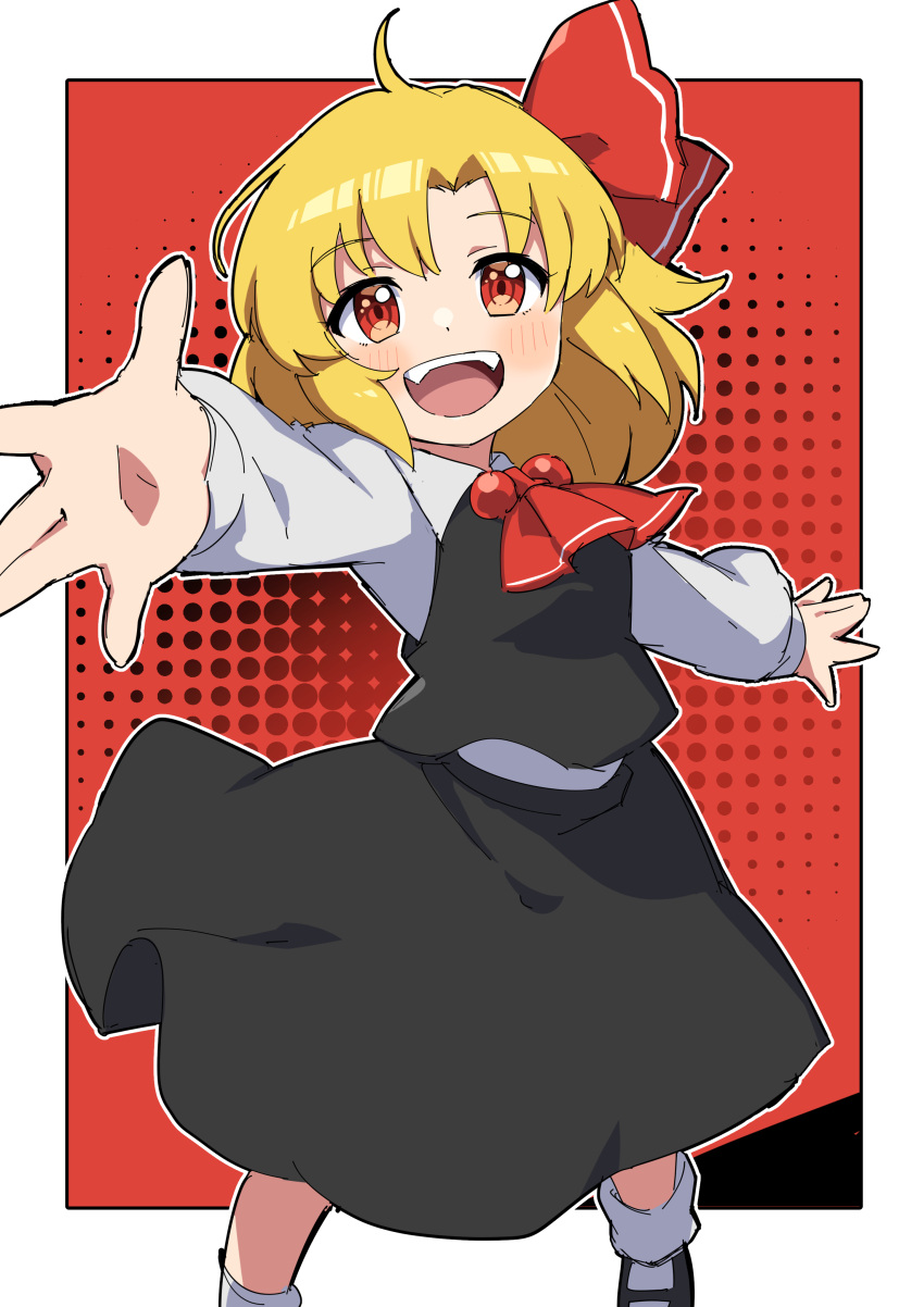 1girl :d absurdres ahoge ascot black_footwear black_shirt black_skirt blonde_hair bobby_socks fangs highres long_sleeves looking_at_viewer miz_(mizillustration) open_mouth outdoors outstretched_arms red_ascot red_background red_eyes rumia shirt short_hair skirt smile socks solo spread_arms teeth touhou upper_teeth_only white_shirt white_socks