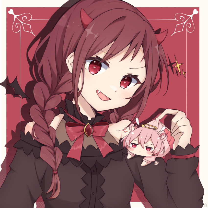 1girl braid brooch brown_hair chibi demon_girl demon_horns fang halo heart heart-shaped_pupils highres holding horns jewelry jitome long_hair long_sleeves looking_at_viewer mini_person minigirl open_mouth original pink_eyes pink_hair rageno0000 red_eyes ribbon smile solo symbol-shaped_pupils twin_braids