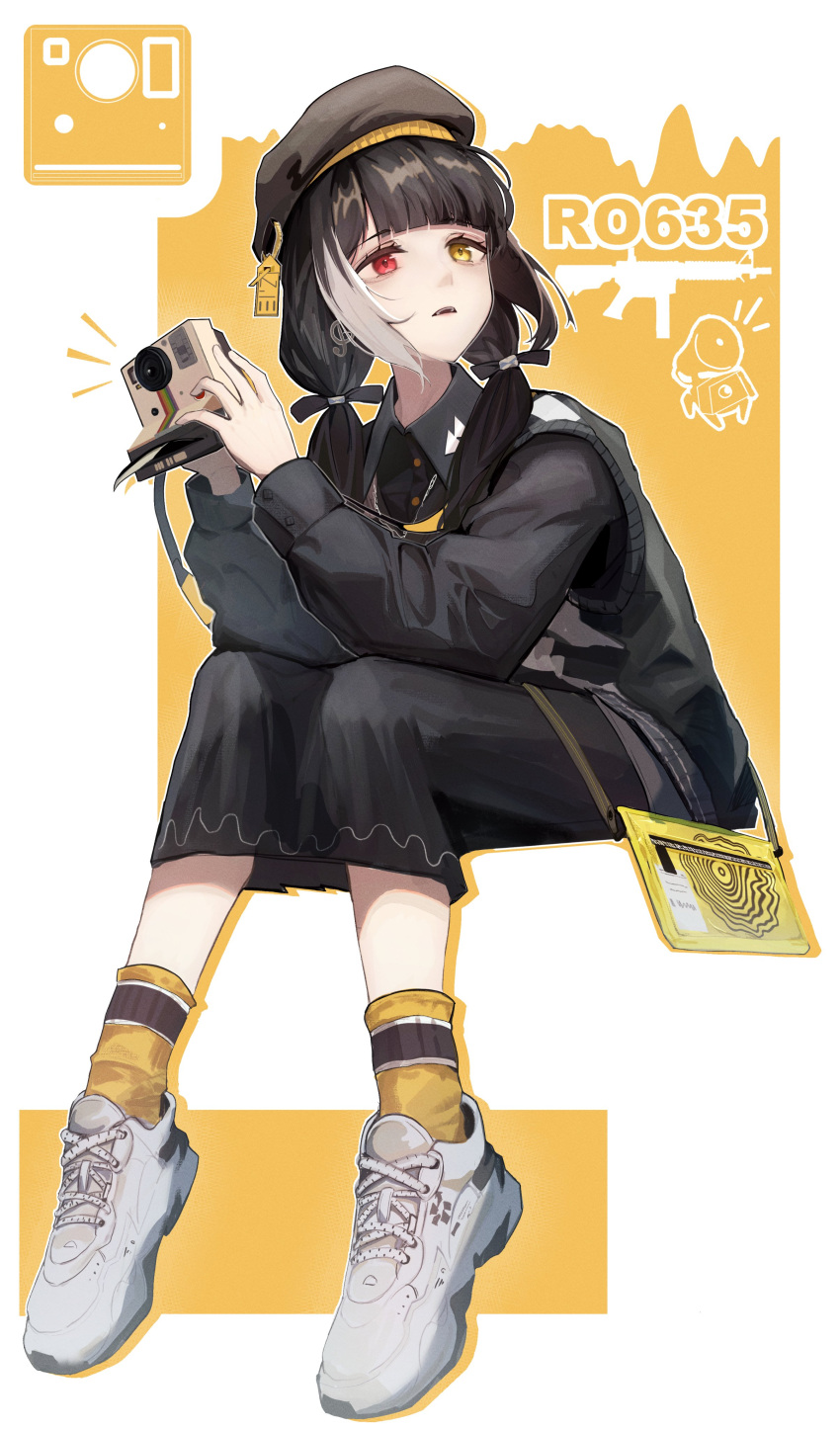 1girl absurdres banana_(girls'_frontline) black_hair black_shirt black_skirt black_vest camera character_name collared_shirt dinergate_(girls'_frontline) girls'_frontline heterochromia highres holding holding_camera invisible_chair kotowaza long_hair long_sleeves looking_to_the_side multicolored_hair official_alternate_costume open_mouth polaroid red_eyes ro635_(girls'_frontline) ro635_(monochrome_jungle_bird)_(girls'_frontline) shirt shoes sitting skirt sneakers socks solo twintails two-tone_hair vest white_hair white_sneakers yellow_eyes yellow_socks