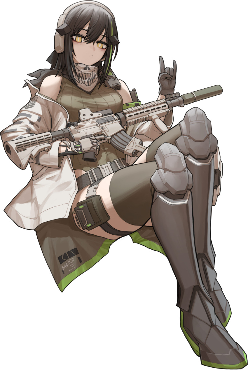 1girl \n/ absurdres assault_rifle bare_shoulders black_thighhighs brown_hair brown_leotard cheogtanbyeong closed_mouth commentary_request cosplay dandelion_(girls'_frontline) girls'_frontline gloves green_hair grey_gloves grey_jacket gun highres holding holding_gun holding_weapon invisible_chair jacket korean_commentary leotard long_hair long_sleeves looking_at_viewer m4_carbine m4a1_(girls'_frontline) m4a1_(girls'_frontline)_(cosplay) multicolored_hair pouch rifle simple_background sitting solo streaked_hair thigh_pouch thighhighs two-tone_hair weapon white_background yellow_eyes