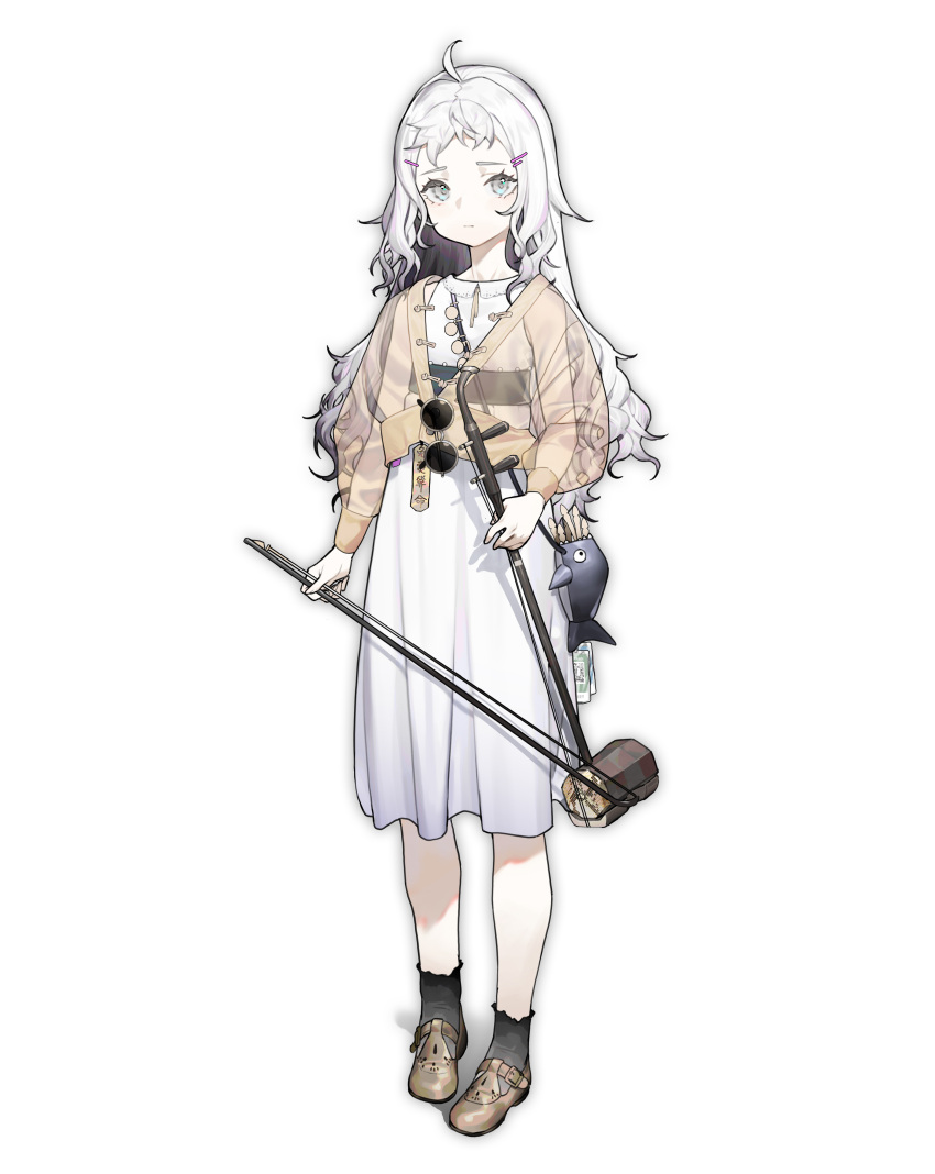 1girl :| absurdres ahoge alver animal_bag bow_(music) brown_footwear closed_mouth commentary_request dress flat_chest frilled_dress frilled_socks frills full_body grey_eyes grey_socks hair_ornament hairclip highres holding holding_bow_(music) holding_instrument instrument instrument_request long_hair long_sleeves looking_at_viewer mary_janes original pigeon-toed puffy_long_sleeves puffy_sleeves round_eyewear see-through see-through_shirt shark shirt shoes short_bangs simple_background sleeveless sleeveless_dress socks solo standing sunglasses thick_eyelashes underbust white_background white_dress white_hair yellow_shirt