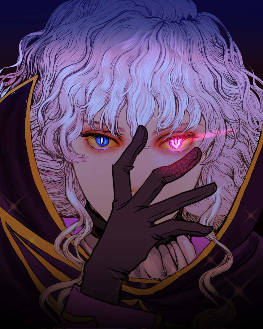 1boy ascot berserk black_gloves blue_background blue_eyes bright_pupils cloak code_geass cosplay covered_mouth eyelashes geass gloves glowing glowing_eye gradient_background griffith_(berserk) hair_between_eyes hand_on_own_face hand_up hashtag-only_commentary heterochromia highres lelouch_vi_britannia lelouch_vi_britannia_(cosplay) light_trail long_hair long_sleeves looking_at_viewer male_focus nisino2222 pink_eyes portrait purple_cloak solo sparkle straight-on wavy_hair white_ascot white_hair white_pupils