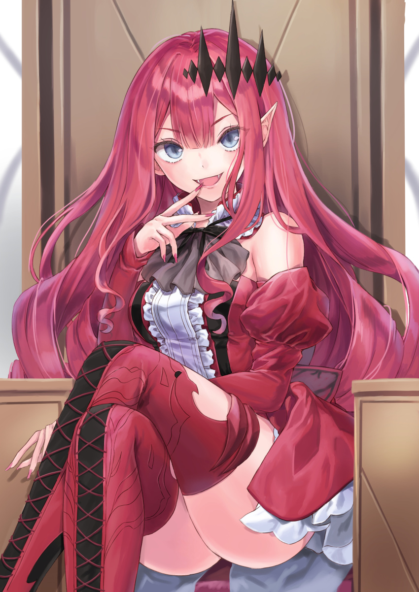 1girl :d absurdres ass baobhan_sith_(fate) baobhan_sith_(first_ascension)_(fate) bare_shoulders boots breasts crossed_legs detached_sleeves dress fangs fate/grand_order fate_(series) feet_out_of_frame frilled_dress frills grey_eyes hair_ornament hand_up highres long_hair looking_at_viewer nail_polish open_mouth orangekun pink_hair pointy_ears red_dress red_footwear red_nails sidelocks sitting smile solo thigh_boots thighs throne vampire