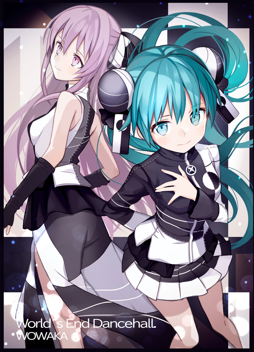 2girls arm_behind_back blue_eyes blue_hair dress gloves hair_ornament hand_on_own_chest hatsune_miku highres jacket kari_kenji long_hair long_skirt long_sleeves looking_at_viewer looking_back megurine_luka miniskirt multiple_girls pink_eyes pink_hair pleated_skirt side_slit skirt sleeveless sleeveless_dress song_name twintails very_long_hair vocaloid world's_end_dancehall_(vocaloid)