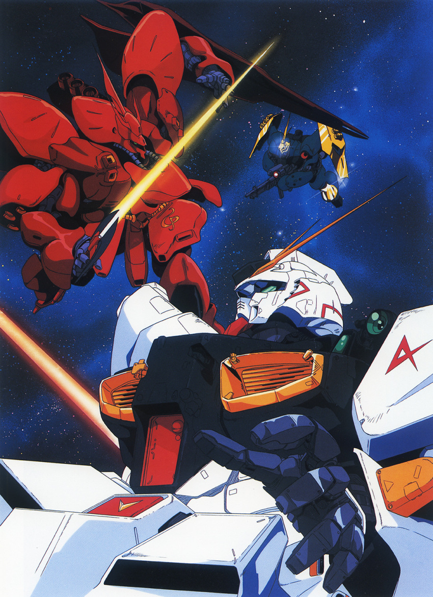 1980s_(style) anaheim_electronics battle beam_rifle beam_saber char's_counterattack emblem energy_gun energy_sword gun gundam highres jagd_doga_gyunei_custom kawamoto_toshihiro key_visual mecha mobile_suit mobile_suit_gundam neo_zeon no_humans nu_gundam official_art promotional_art retro_artstyle robot sazabi scan science_fiction shield space starry_background sword traditional_media v-fin weapon