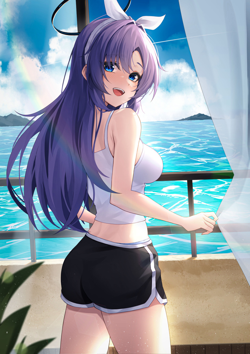 1girl absurdres black_shorts blue_archive blue_eyes blue_hair blue_sky breasts commentary_request curtains day dolphin_shorts hair_ribbon halo hidel highres lens_flare looking_at_viewer looking_back mechanical_halo medium_breasts mountainous_horizon ocean open_mouth railing ribbon shirt shorts sidelocks sky smile solo standing white_shirt window yuuka_(blue_archive)