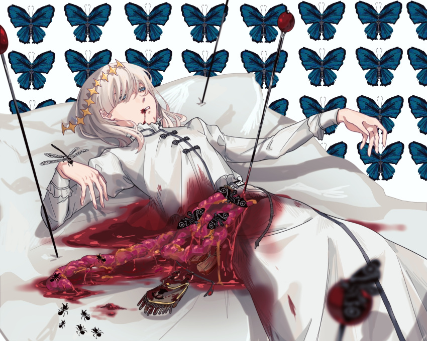 1boy ant blackworm_(ufre2773) bleeding blood blood_from_mouth blood_on_clothes blue_eyes bug butterfly butterfly_background disembowelment fate/grand_order fate_(series) feet_out_of_frame grimace guro highres insect_pin intestines long_sleeves lying male_focus moth oberon_(fate) on_back on_bed piercing robe solo white_hair white_robe