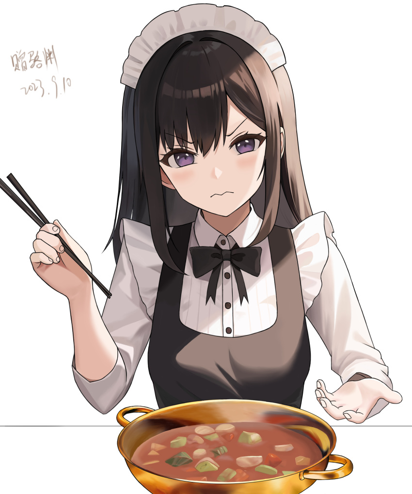 1girl 2023 black_bow black_bowtie blush bow bowl bowtie brown_hair chinese_commentary chopsticks closed_mouth collared_shirt commentary_request dated eyelashes food frown hair_between_eyes hands_up highres holding holding_chopsticks long_hair long_sleeves looking_at_viewer maid maid_headdress original purple_eyes shibanme_tekikumo shirt sidelocks simple_background solo straight_hair translation_request tsurime upper_body v-shaped_eyebrows wavy_mouth white_background white_shirt