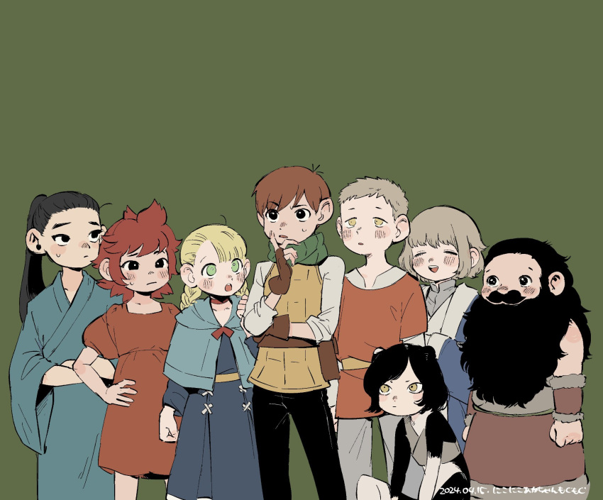 4boys 4girls ^_^ alternate_species animal_ears arm_guards armor arms_at_sides beard belt_pouch black_eyes black_hair black_hat blonde_hair blue_capelet blue_jacket blue_robe blush bob_cut body_fur braid brother_and_sister brown_gloves brown_hair capelet cat_ears cat_girl cat_tail chilchuck_tims choker closed_eyes covered_mouth crop_top dress dungeon_meshi facial_hair facing_ahead falin_touden feet_out_of_frame fingerless_gloves fur_trim gloves green_background green_scarf grey_hair grey_pants grey_shirt hair_pulled_back hair_slicked_back halfling hand_on_own_hip highres hood hood_down hooded_capelet izutsumi jacket japanese_clothes kimono laios_touden leather_armor lineup long_beard long_hair long_sleeves looking_ahead looking_at_another looking_to_the_side marcille_donato midriff mismatched_animal_ear_colors multiple_boys multiple_girls mustache namari_(dungeon_meshi) pants ponytail pouch puffy_short_sleeves puffy_sleeves red_dress red_hair red_shirt robe scarf senshi_(dungeon_meshi) shirt short_hair short_sleeves shurou siblings simple_background sitting sleeveless sleeves_rolled_up sweat swept_bangs tail thinking tmr0621 twin_braids twintails twitter_username white_shirt yellow_eyes
