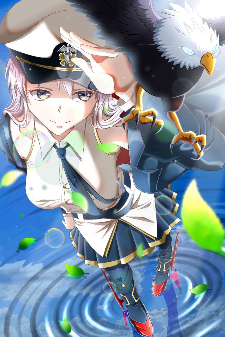 1girl absurdres azur_lane bald_eagle bird black_coat black_necktie black_skirt breasts coat collared_shirt eagle enterprise_(azur_lane) feathered_wings from_above gold_trim hat highres large_breasts military_hat miniskirt necktie nissy_8343 open_clothes open_coat peaked_cap pleated_skirt rudder_footwear shirt skirt sleeveless sleeveless_shirt solo walking walking_on_liquid water white_hair white_headwear white_shirt wings yellow_eyes