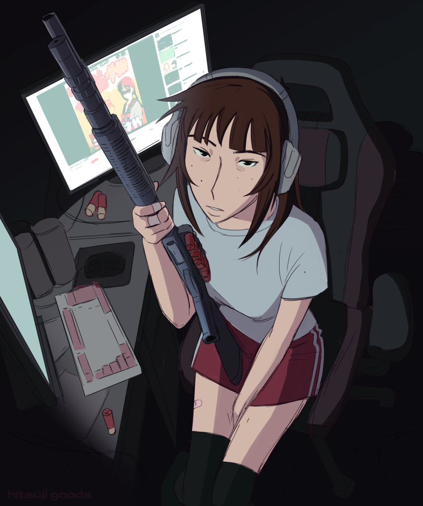 1girl absurdres bandaid bandaid_on_hand bandaid_on_leg benelli_m4 between_legs black_eyes black_thighhighs breasts brown_hair chair commentary english_commentary freckles from_above gaming_chair grey_shirt gun hand_between_legs headphones highres hitsuji_(hitsujigoods) holding holding_gun holding_weapon instrument kara_eklund keyboard_(instrument) looking_at_viewer medium_hair monitor mousepad_(object) original shirt shotgun shotgun_shell sitting small_breasts solo swivel_chair thighhighs weapon