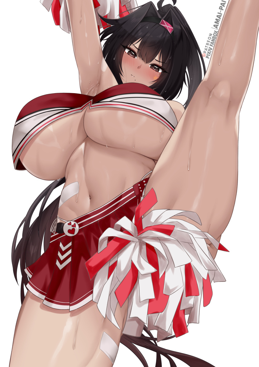 1girl absurdres ahoge amai-pai armpits bay_(nikke) black_hair blush breasts brown_eyes cheerleader closed_mouth english_commentary goddess_of_victory:_nikke hair_intakes highres holding holding_pom_poms huge_breasts long_hair looking_at_viewer navel pleated_skirt pom_pom_(cheerleading) red_shirt red_skirt shirt simple_background skirt solo split standing standing_on_one_leg standing_split stomach sweat thick_thighs thighs underboob white_background