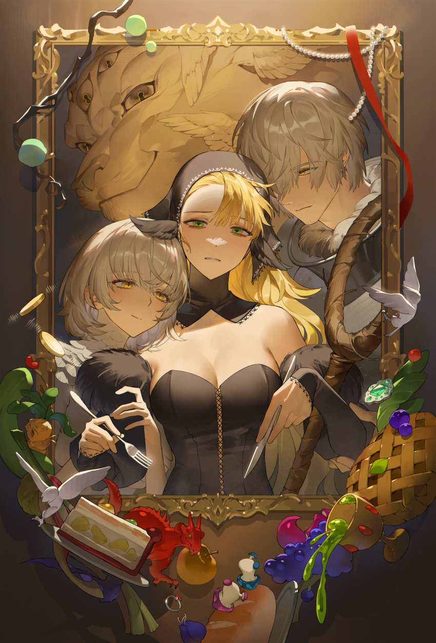 1boy 2girls absurdres ambrosia_(dungeon_meshi) animal_ears apple arm_grab bare_shoulders black_dress black_hat blonde_hair bread cake cake_slice chalice coin cup detached_collar detached_sleeves dragon dress dungeon_meshi extra_eyes falin_touden falin_touden_(chimera) food fork frown fruit fur-trimmed_sleeves fur_trim gem gorget grapes green_eyes grey_hair hair_over_one_eye head_scarf head_wings highres holding holding_fork holding_knife jewelry knife laios_touden leaf long_hair looking_at_another looking_at_viewer mandragora marcille_donato marcille_donato_(lord) multiple_girls necklace one_eye_covered painting_(object) pearl_necklace picture_frame pie plate red_dragon_(dungeon_meshi) red_ribbon ribbon ring short_hair smile spill spoilers staff strapless strapless_dress swept_bangs unworn_jewelry unworn_necklace upper_body walking_mushroom_(dungeon_meshi) winged_lion_(dungeon_meshi) wings yellow_eyes zzom_b